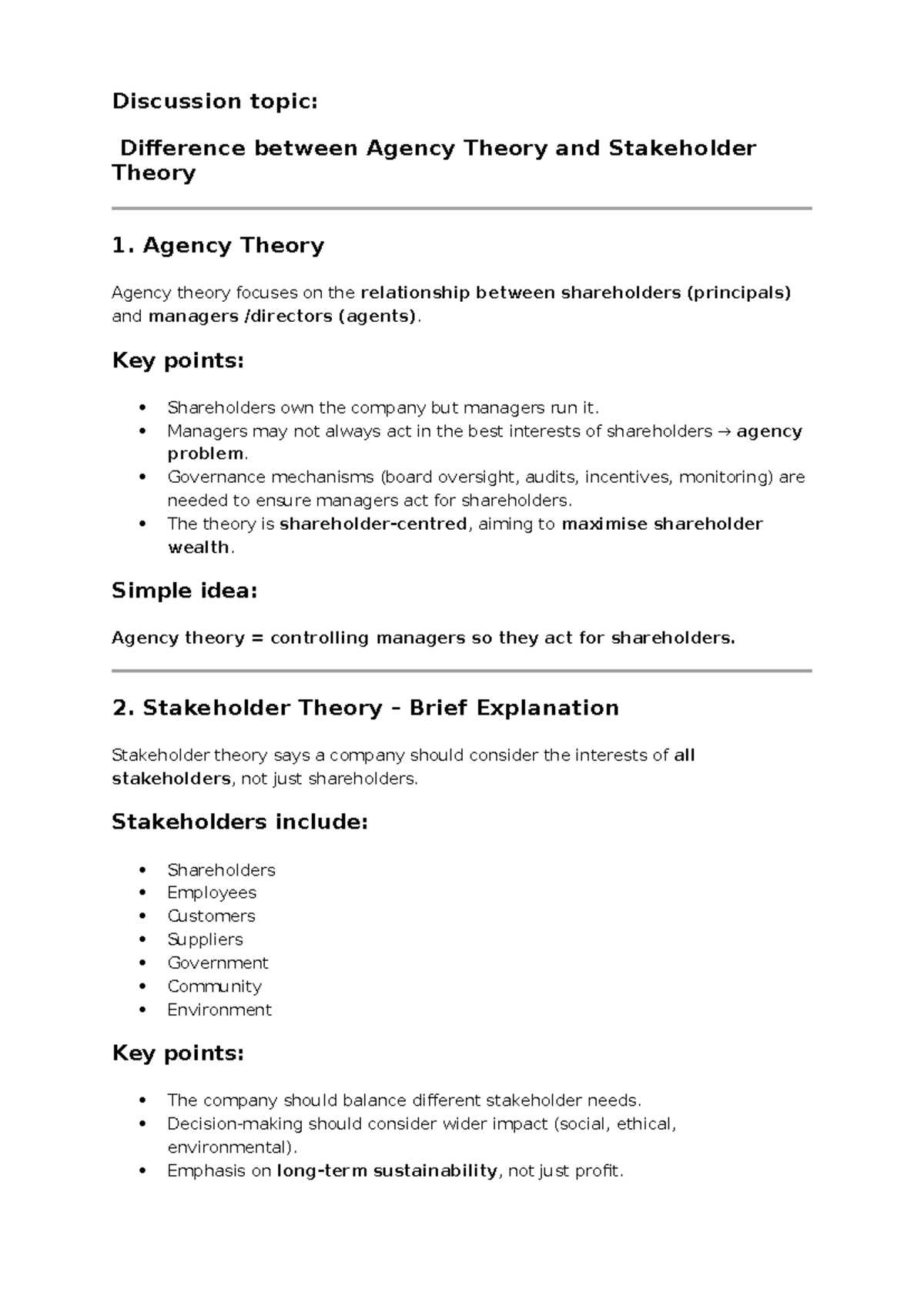 Difference Between Agency Theory & Stakeholder Theory - TPS - Studocu