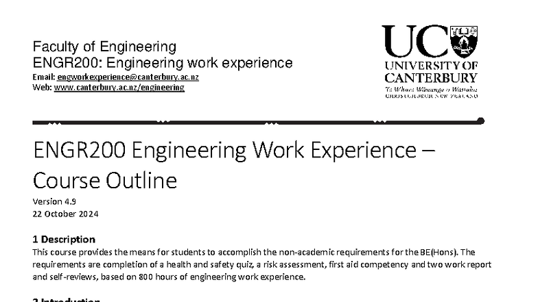 ENGR200 Engineering Work Experience Course Outline 2024 - Studocu