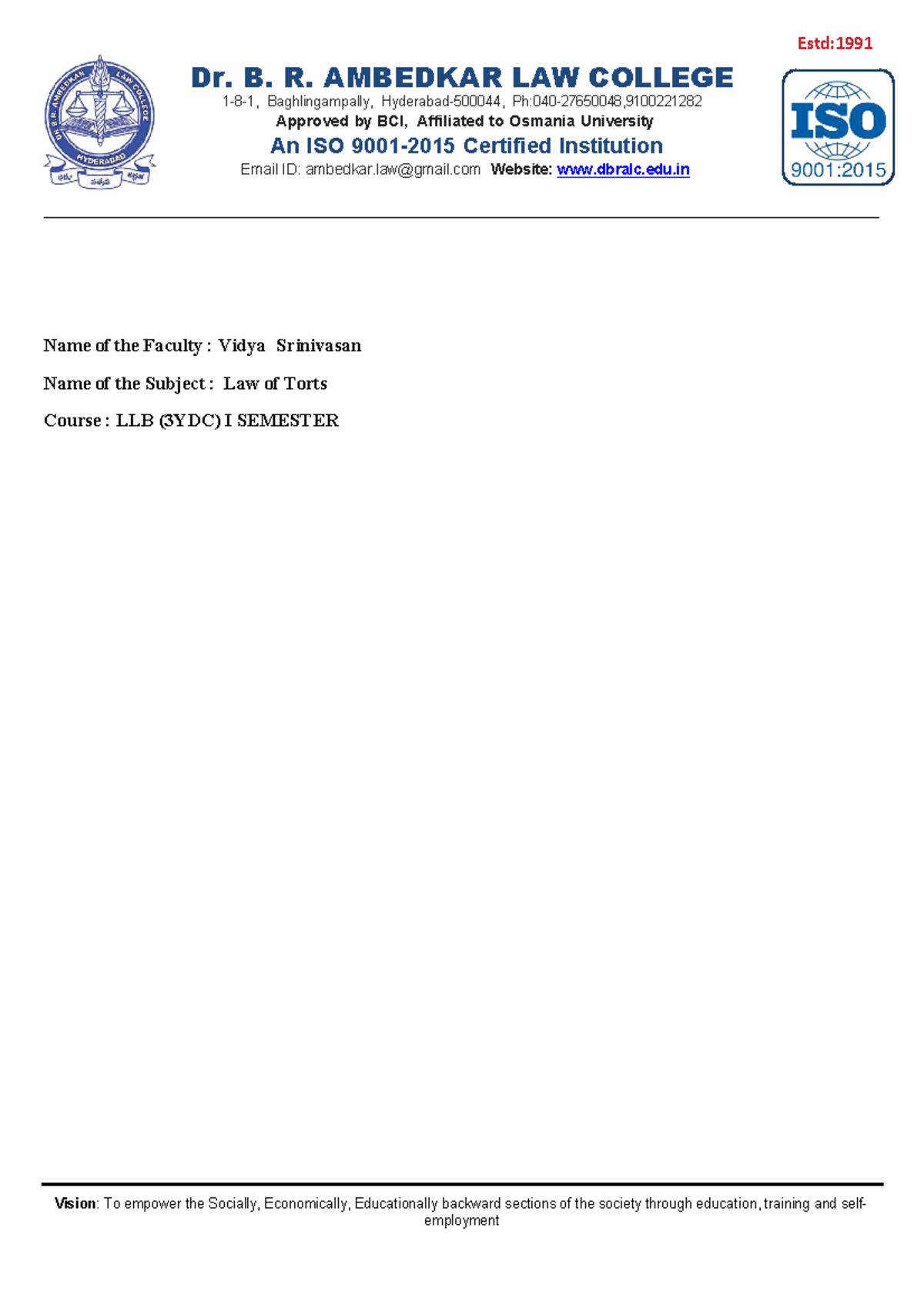 Law of Torts (LLB 3YDC) - Comprehensive Study Notes for I Semester ...