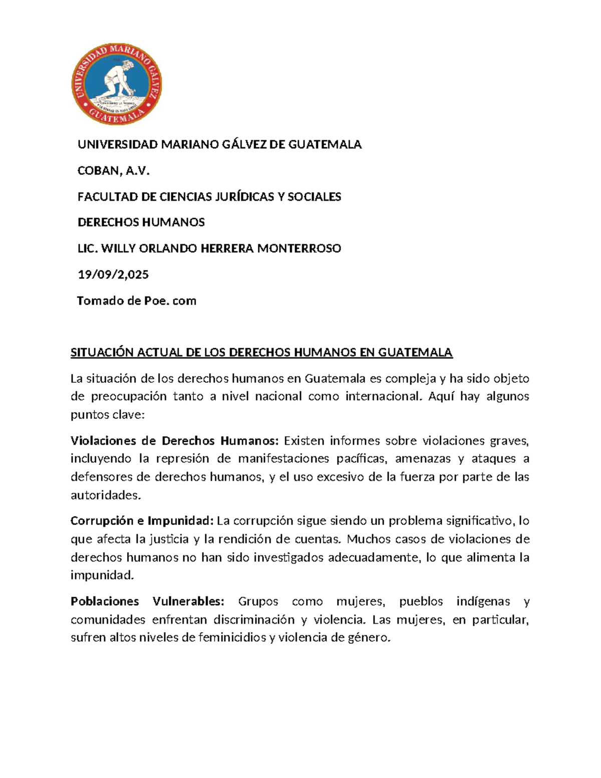 Situación Actual de los Derechos Humanos en Guatemala - Lic. W. Herrera ...