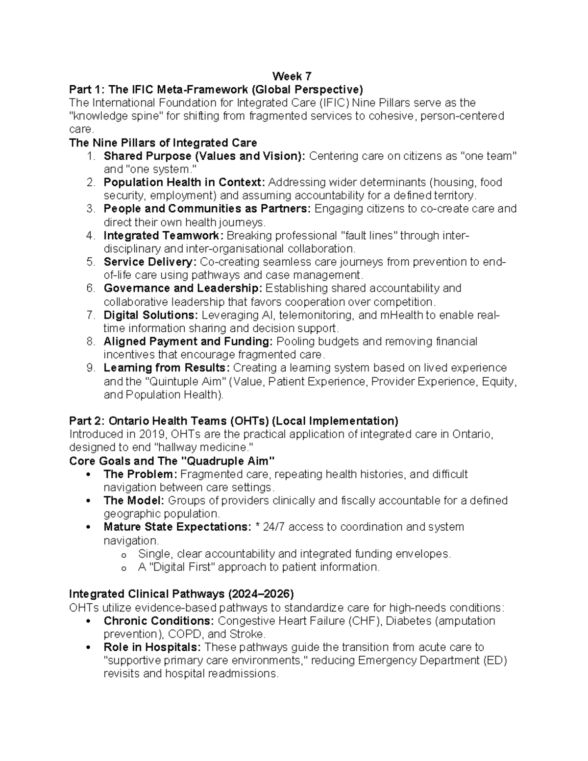 Week 7 Notes: IFIC Nine Pillars & Ontario Health Teams (OHTs) - Studocu