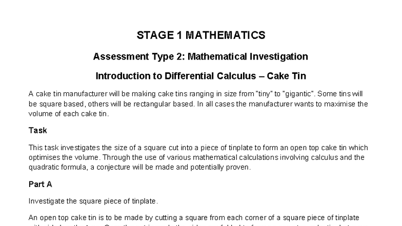 Stage 1 Mathematics AT2: Investigating Volume Optimization in Cake Tins ...