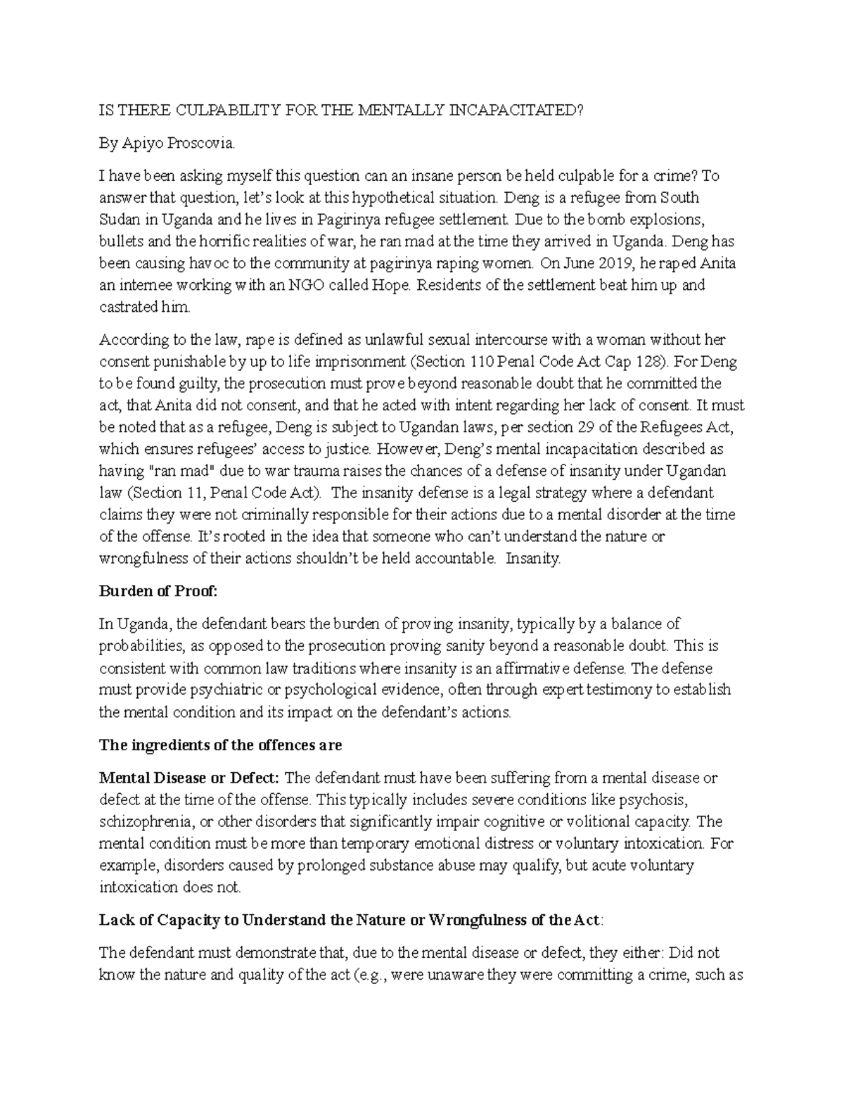 IS THERE CULPABILITY FOR THE MENTALLY INCAPACITATED? - Essay Notes on ...