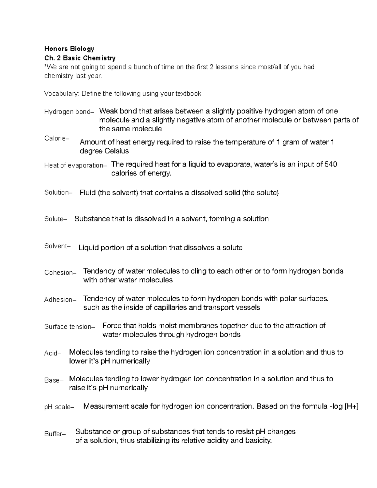 H BIO Ch. 2 Notes: Basic Chemistry Concepts and Vocabulary - Studocu