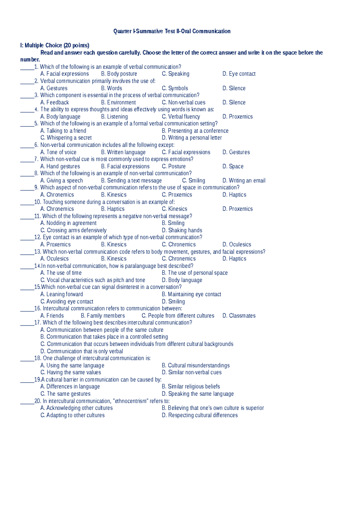 OC Q1 Summative Test II: Oral Communication Evaluation and Questions ...
