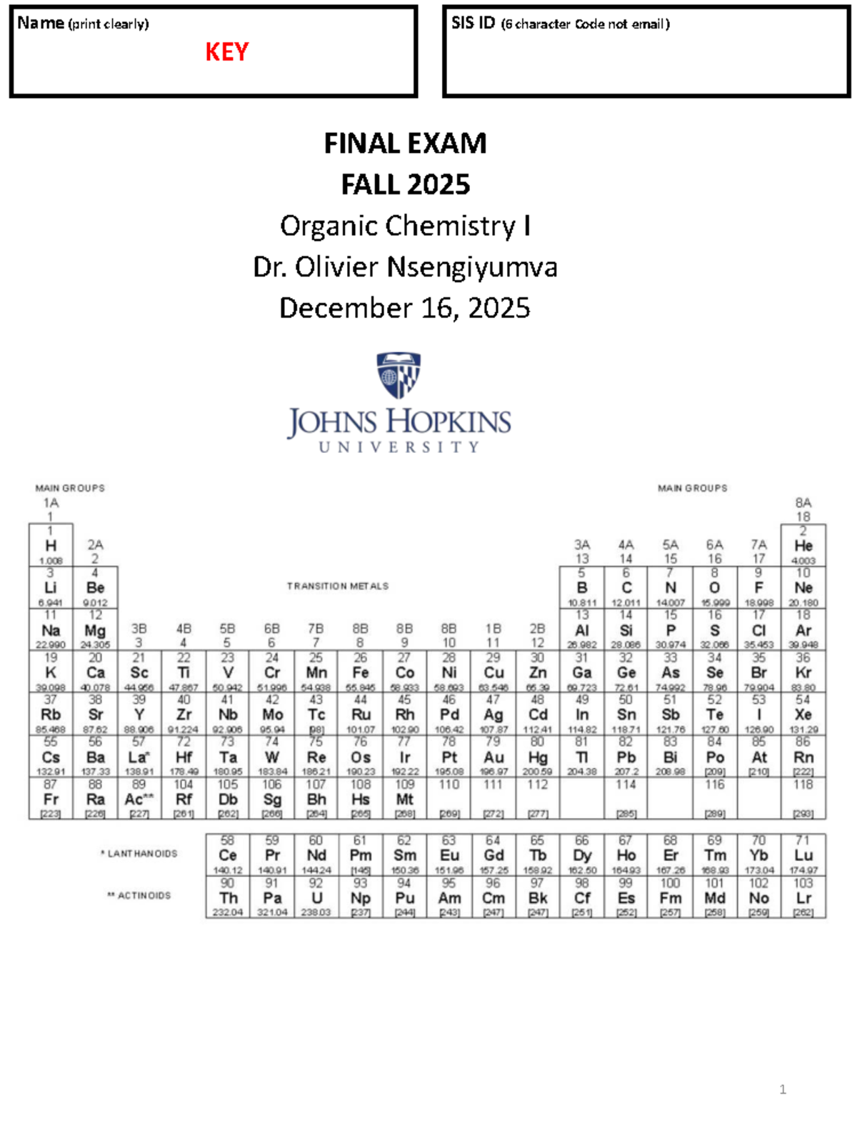 Final Exam Fall 2025: Organic Chemistry I Key - Studocu