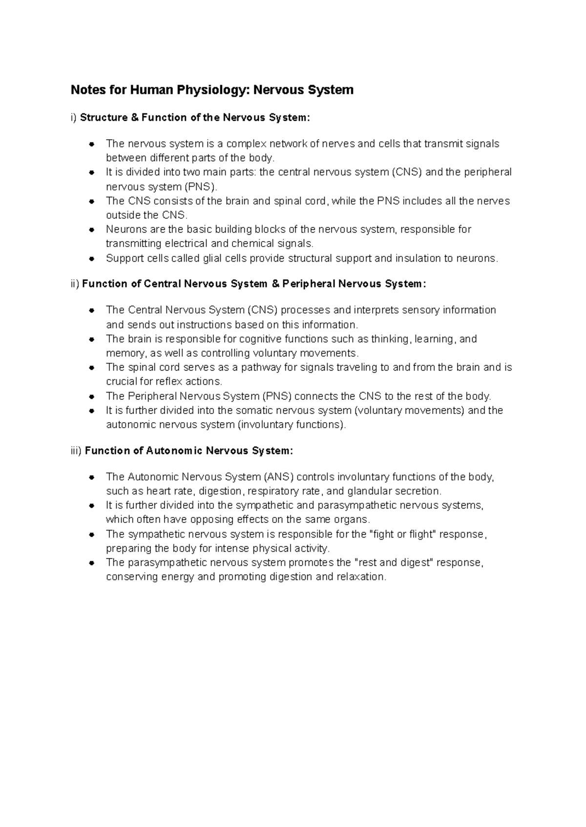 Human Physiology Notes: Structure & Function of the Nervous System ...