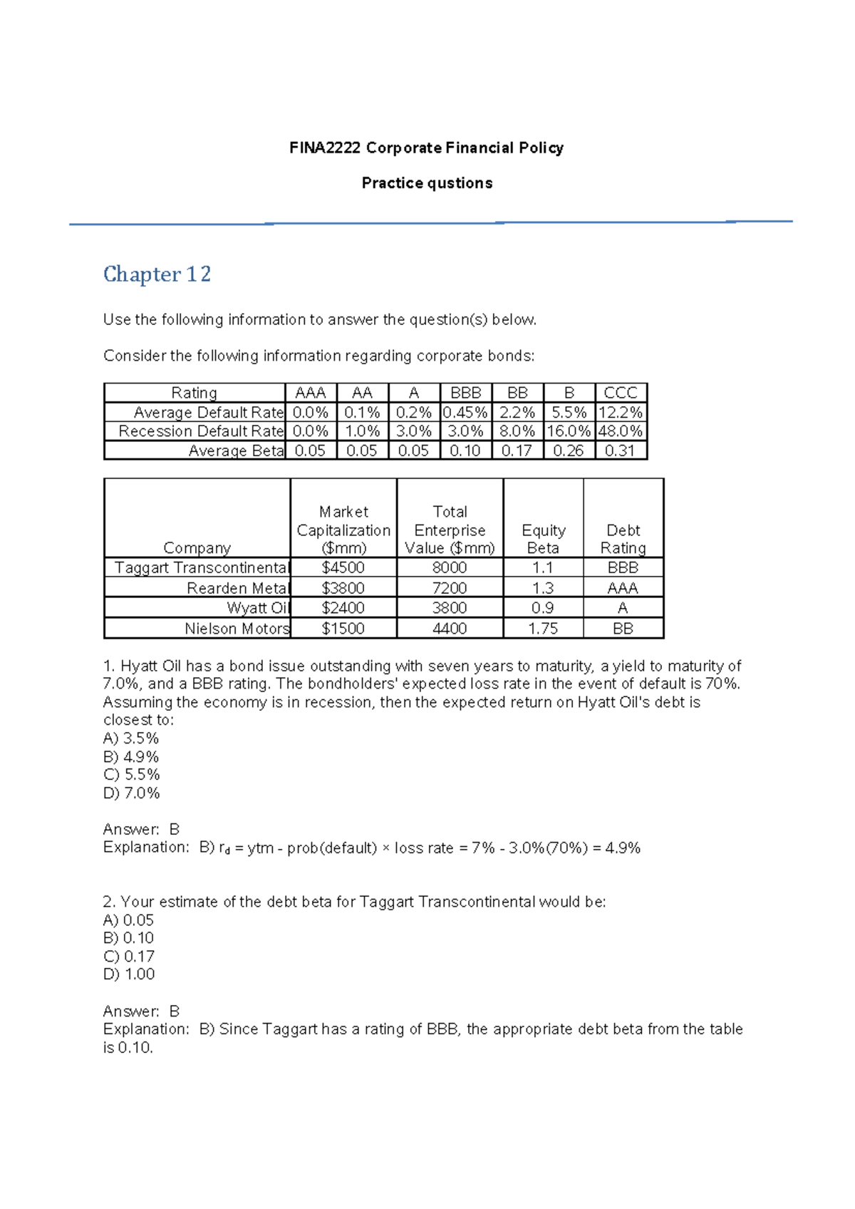 FINA2222 Final Exam Practice Questions for S1 2023 - Studocu