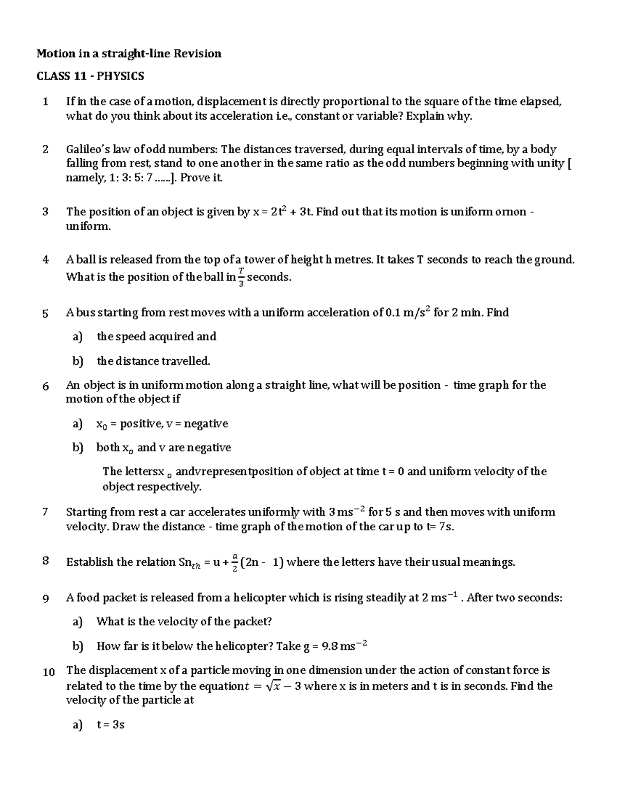 Motion in a Straight Line: Class 11 Physics Notes - Studocu