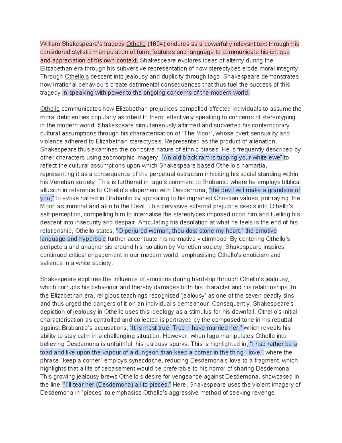 Othello (ENG 101) Critical Analysis: Racial Prejudices & Jealousy - Studocu