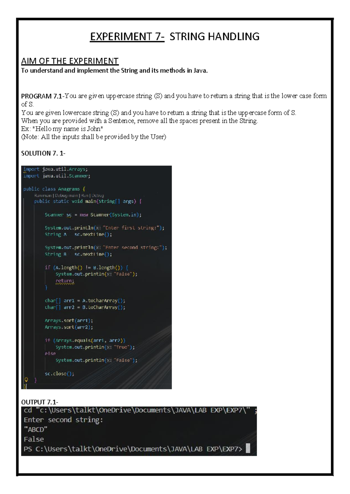 Java String Handling Experiment - AIML 2401020340 - Studocu
