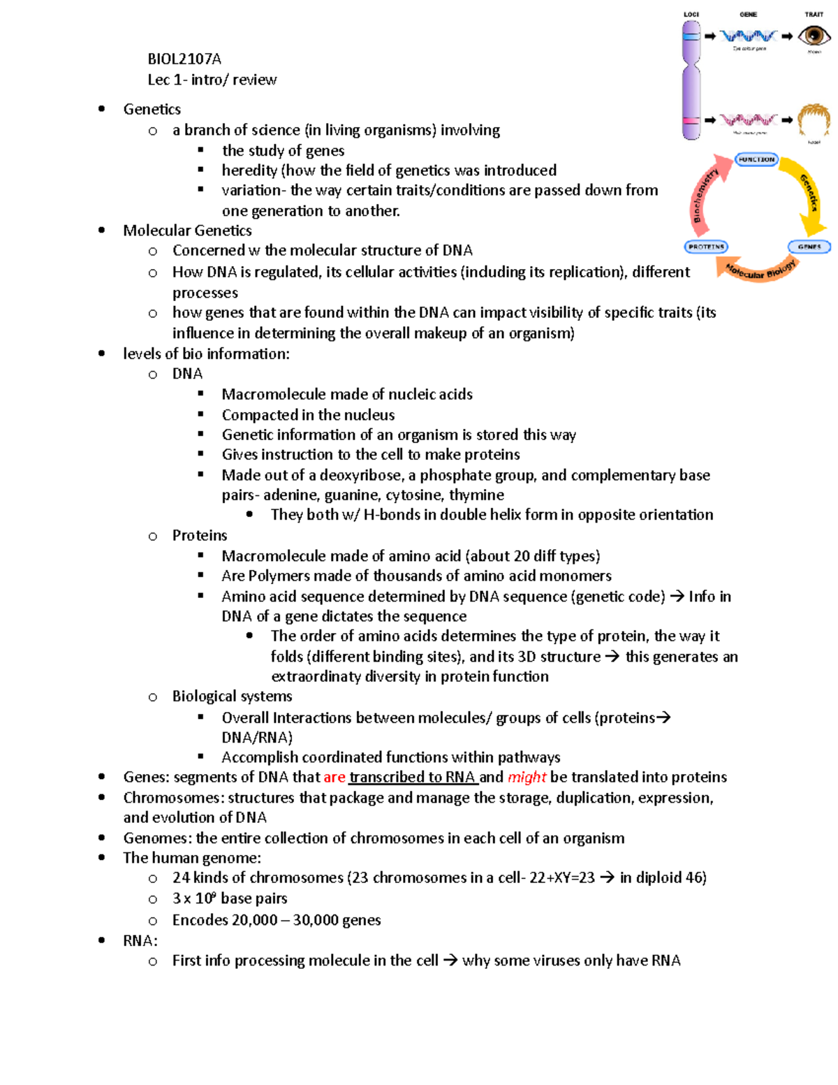 Lec 1-intro - Lecture notes 1 - BIOL2107A Lec 1- intro/ review Genetics ...