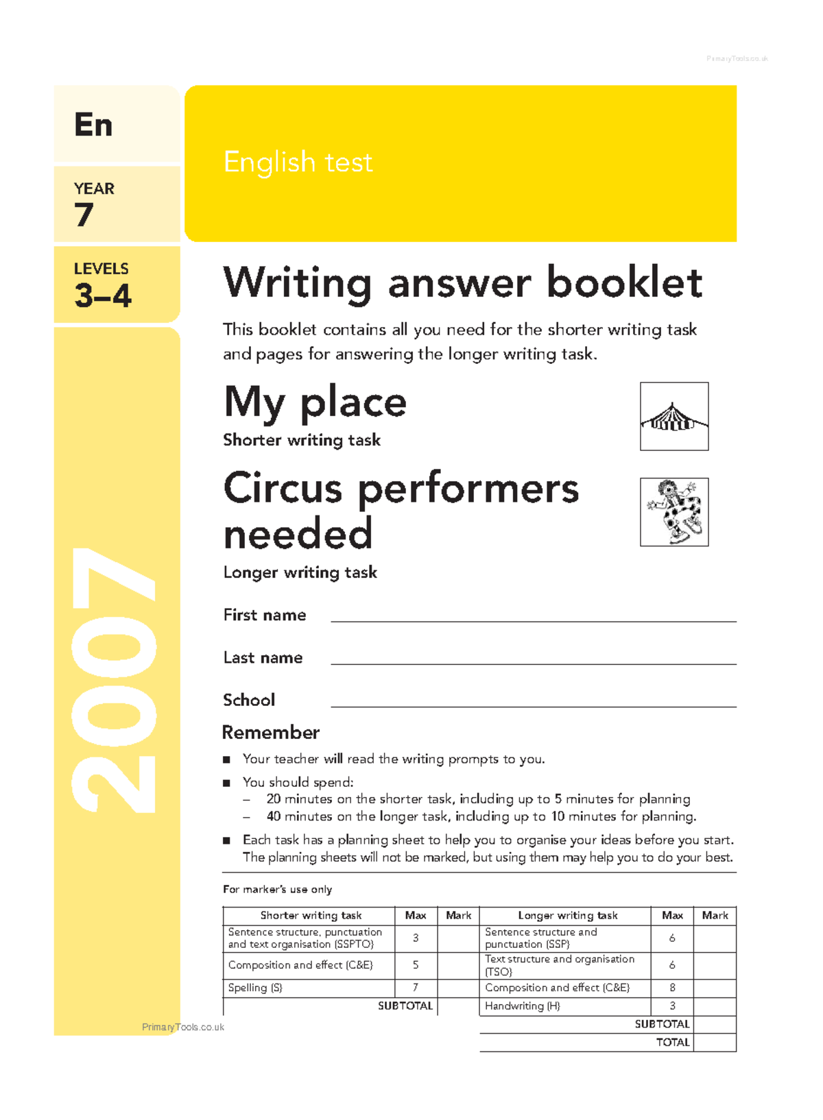 Yr7 2007 English Writing Answer Booklet: Tasks on My Place & Circus ...