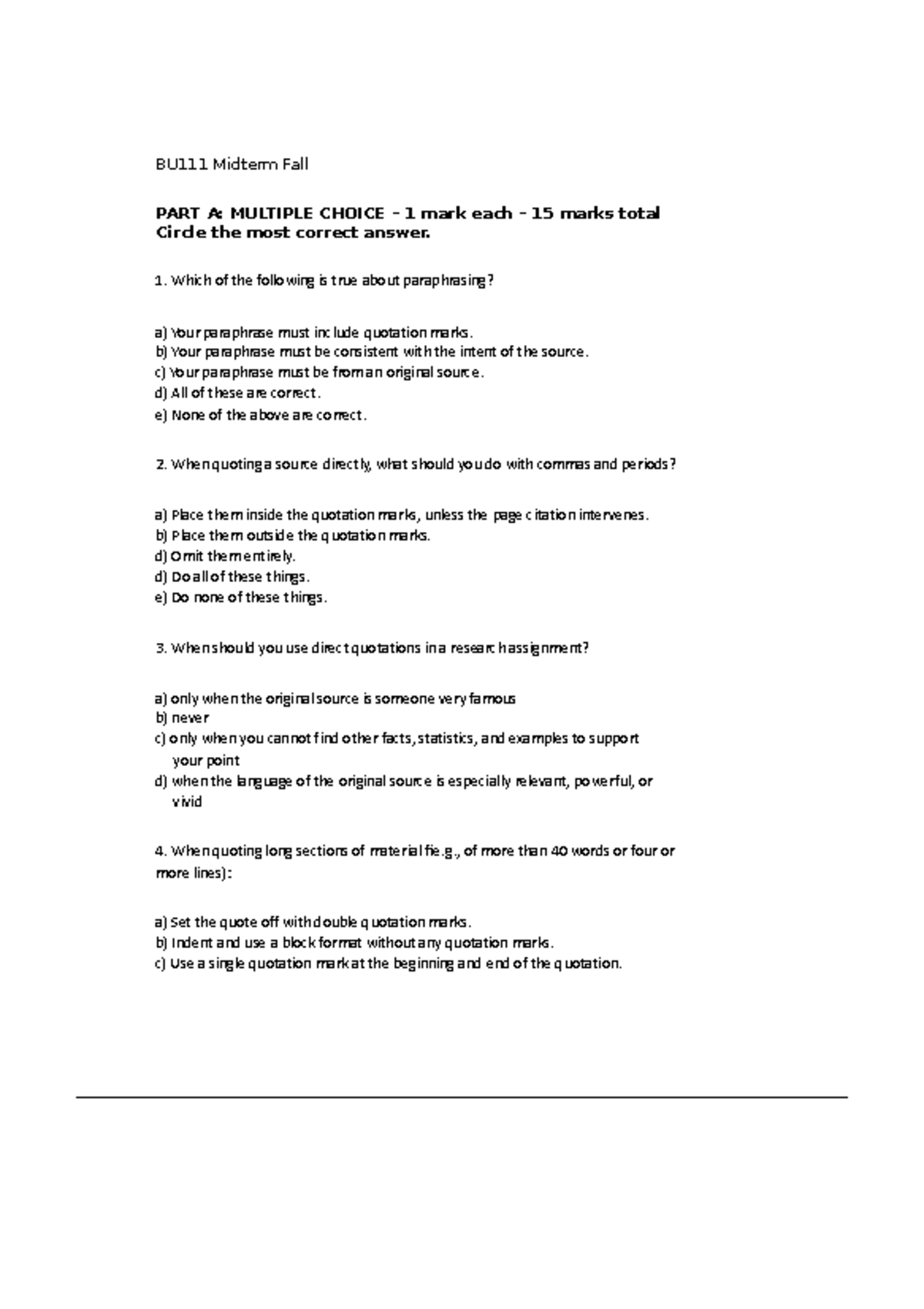 BU111 Midterm Mock - BU111 Midterm Fall PART A: MULTIPLE CHOICE – 1 ...