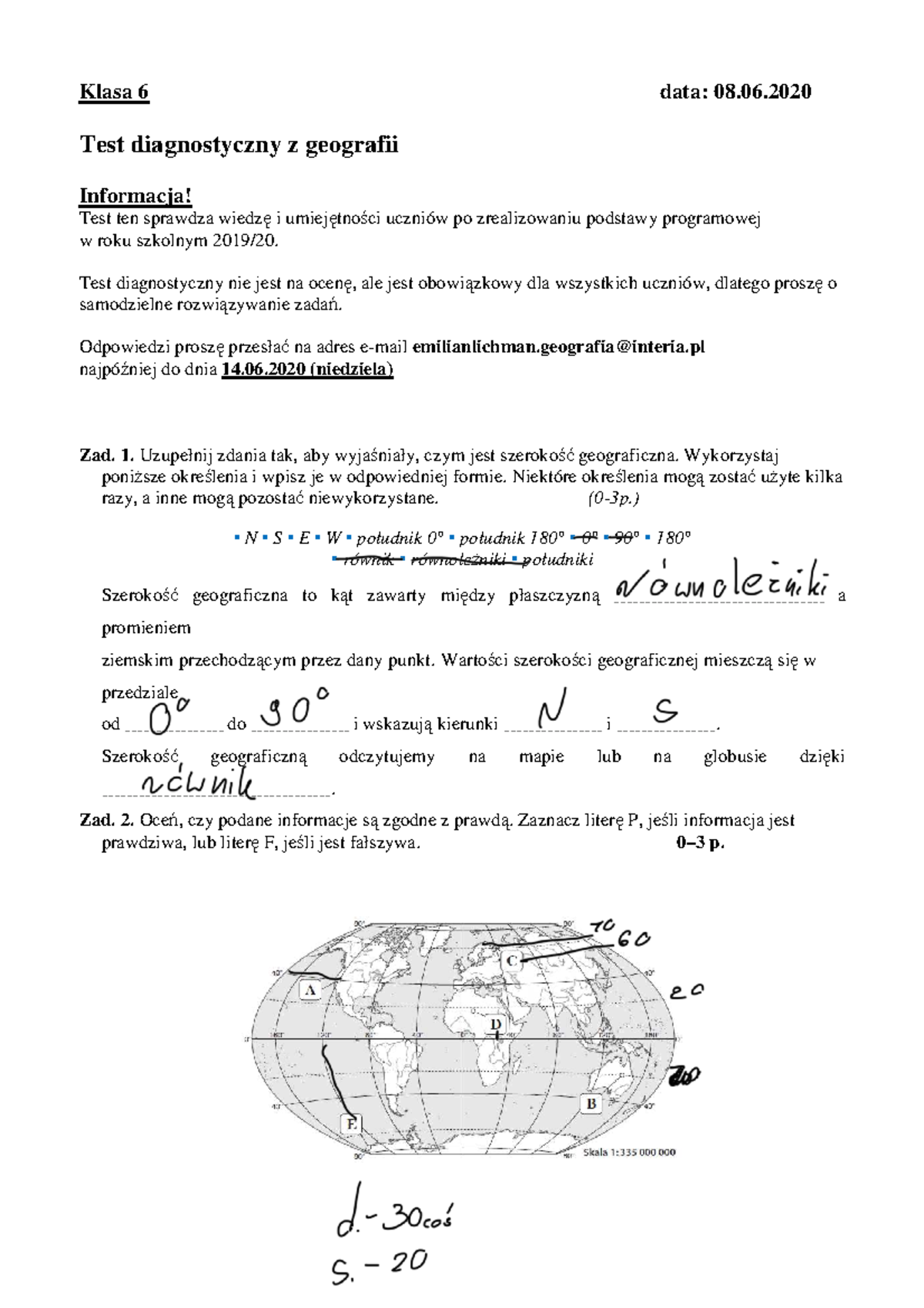 Klasa 6 Test Diagnostyczny z Geografii 2019/20 - Studocu