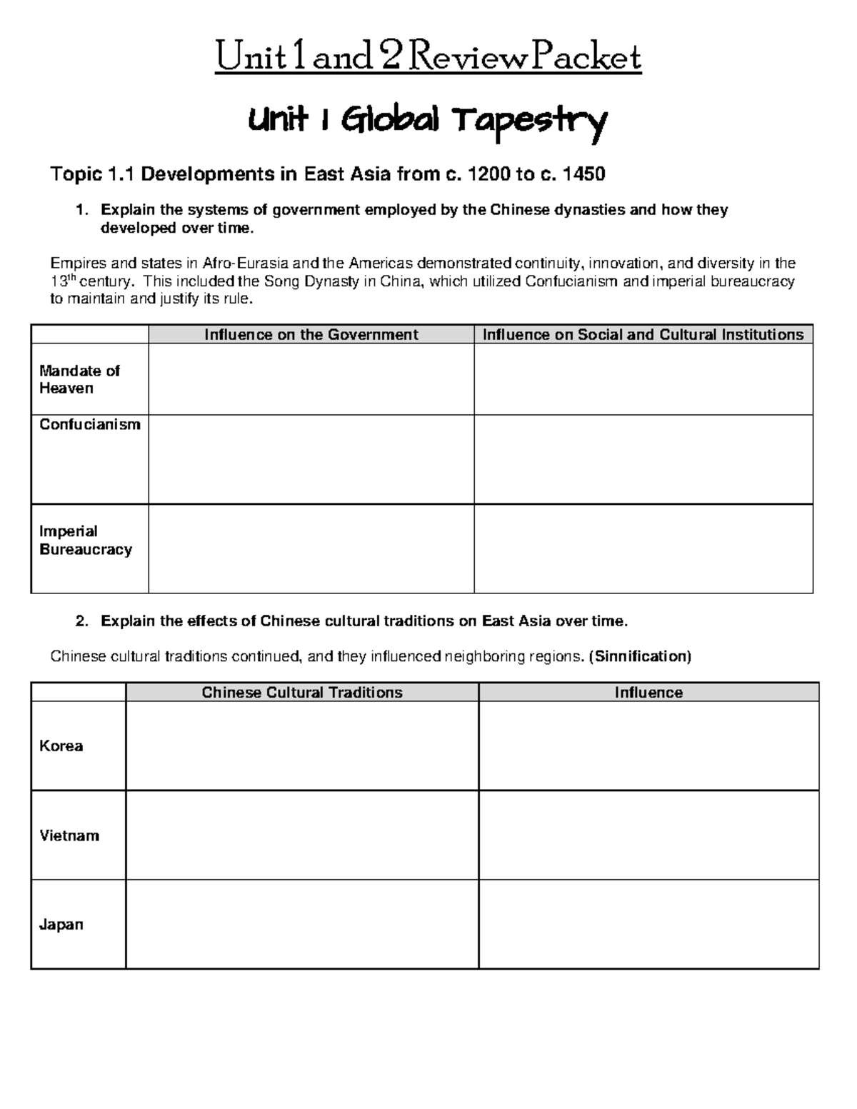 Unit 1 & 2 Review Packet: Developments and Trade Networks (c. 1200-1450 ...