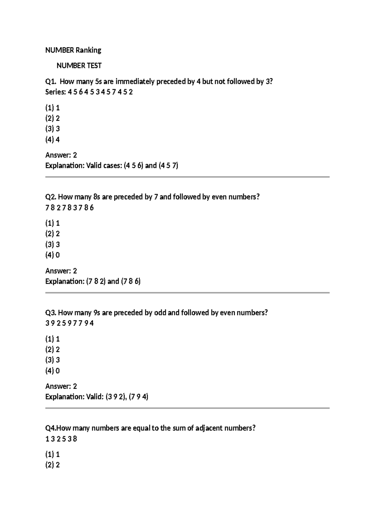 Number Ranking - Worksheet for Test Q1 to Q28 - Studocu