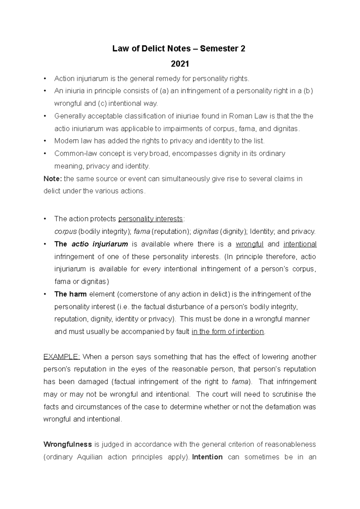 Law of Delict Notes Actio iniuriarum - LAWS2DL - UKZN - Studocu