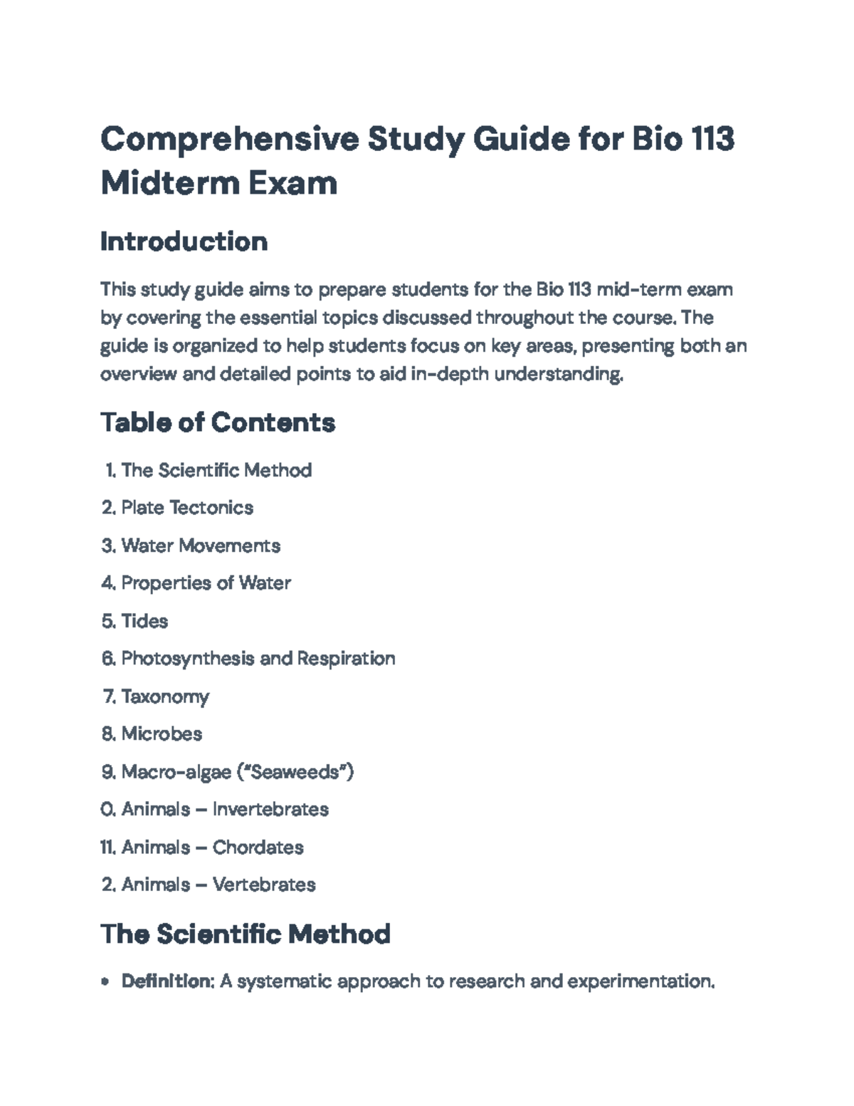 Comprehensive Study Guide for BIO 113 Midterm Exam Preparation ...