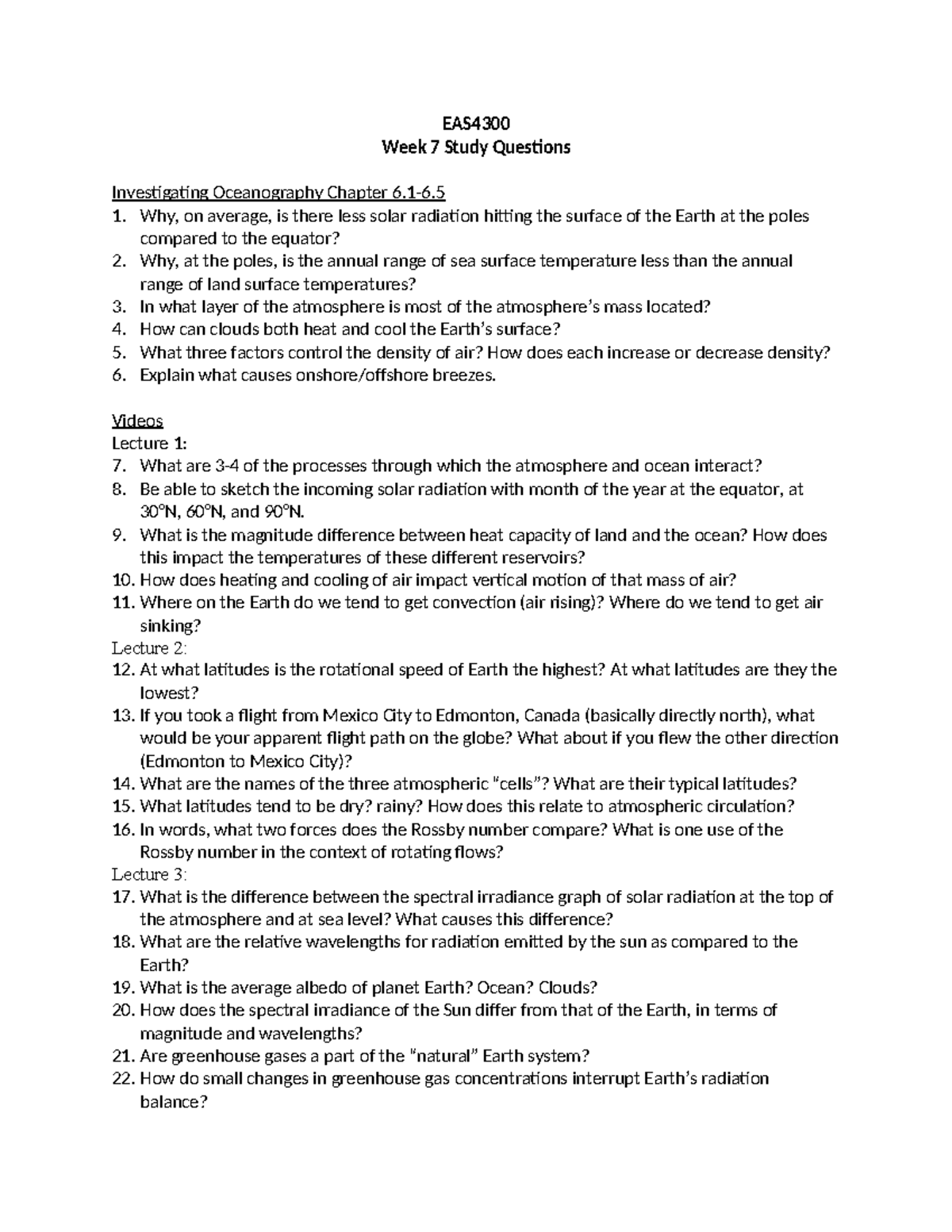 EAS4300 Week 7 Study Questions on Oceanography Concepts - Studocu