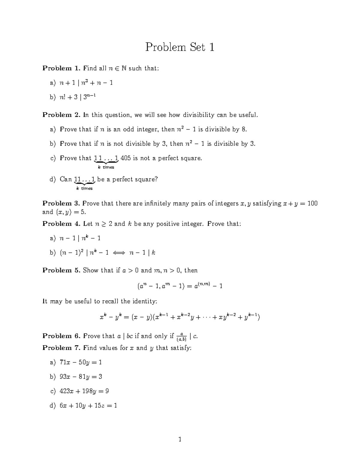 Problem Set 1: Divisibility and Integer Solutions in N - Studocu