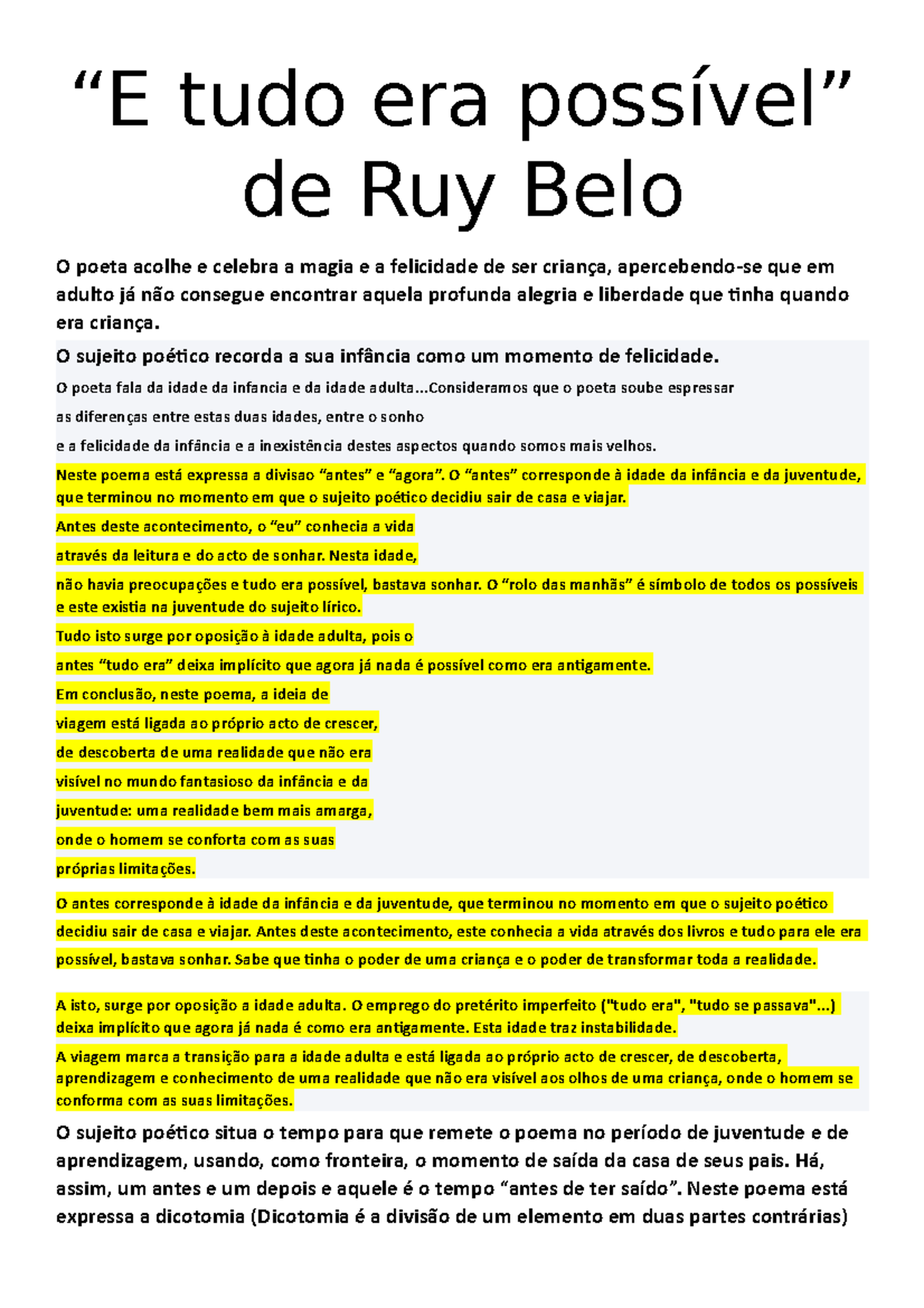 Análise do Poema "E Tudo Era Possível" de Ruy Belo: Infância e Adulto - Document Preview