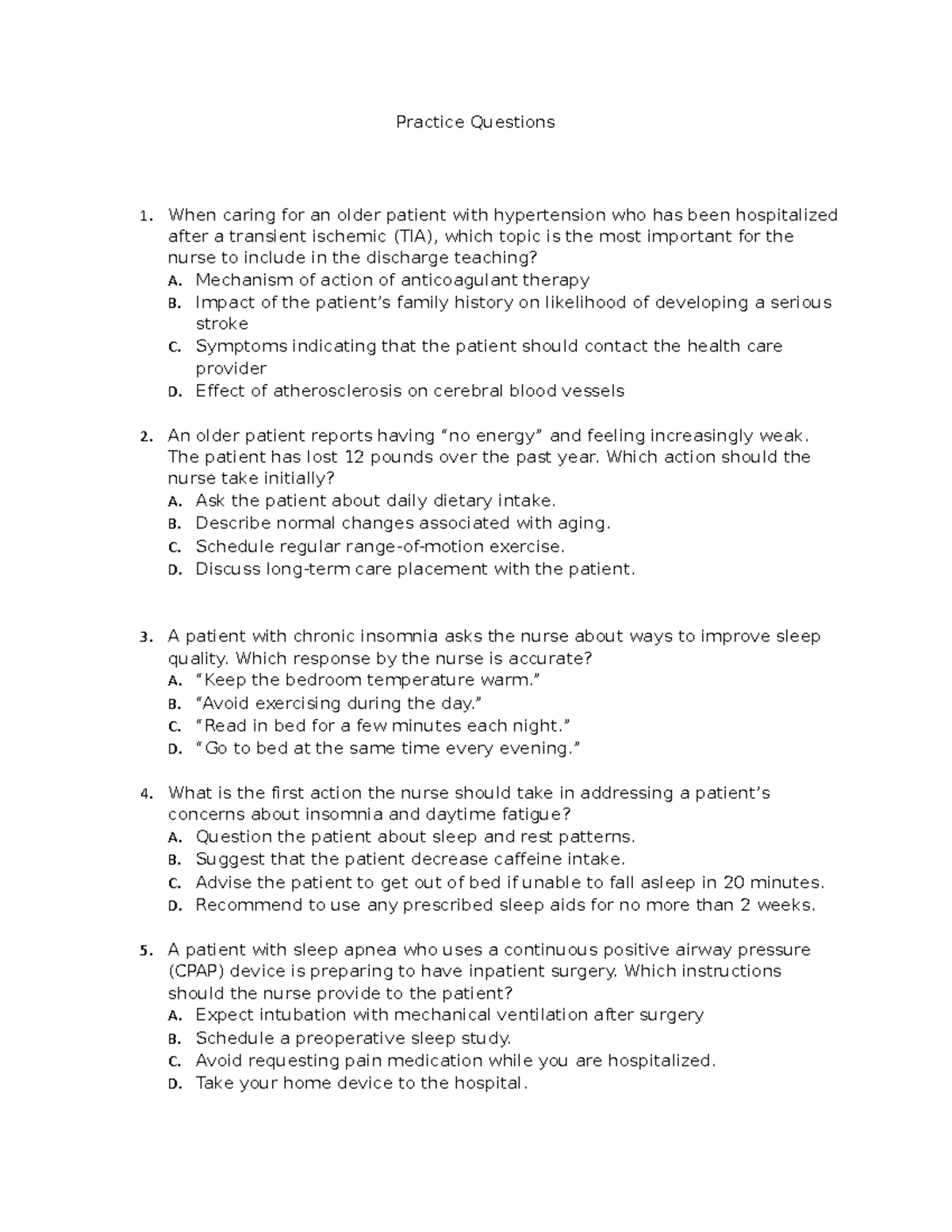 Practice Questions for Nursing Exam - N/A - Studocu