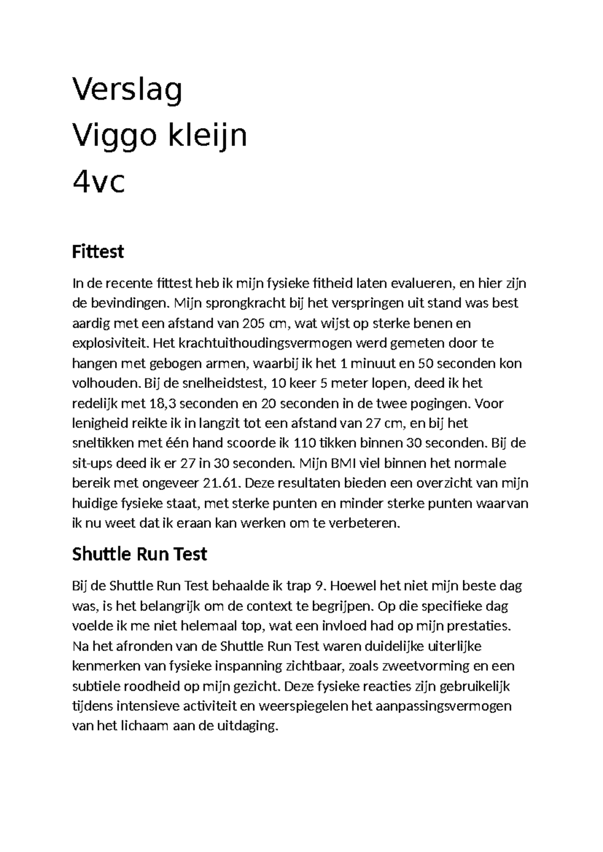 Fittesten Verslag & Zelfevaluatie in 4VC: Prestaties en Oefeningen ...