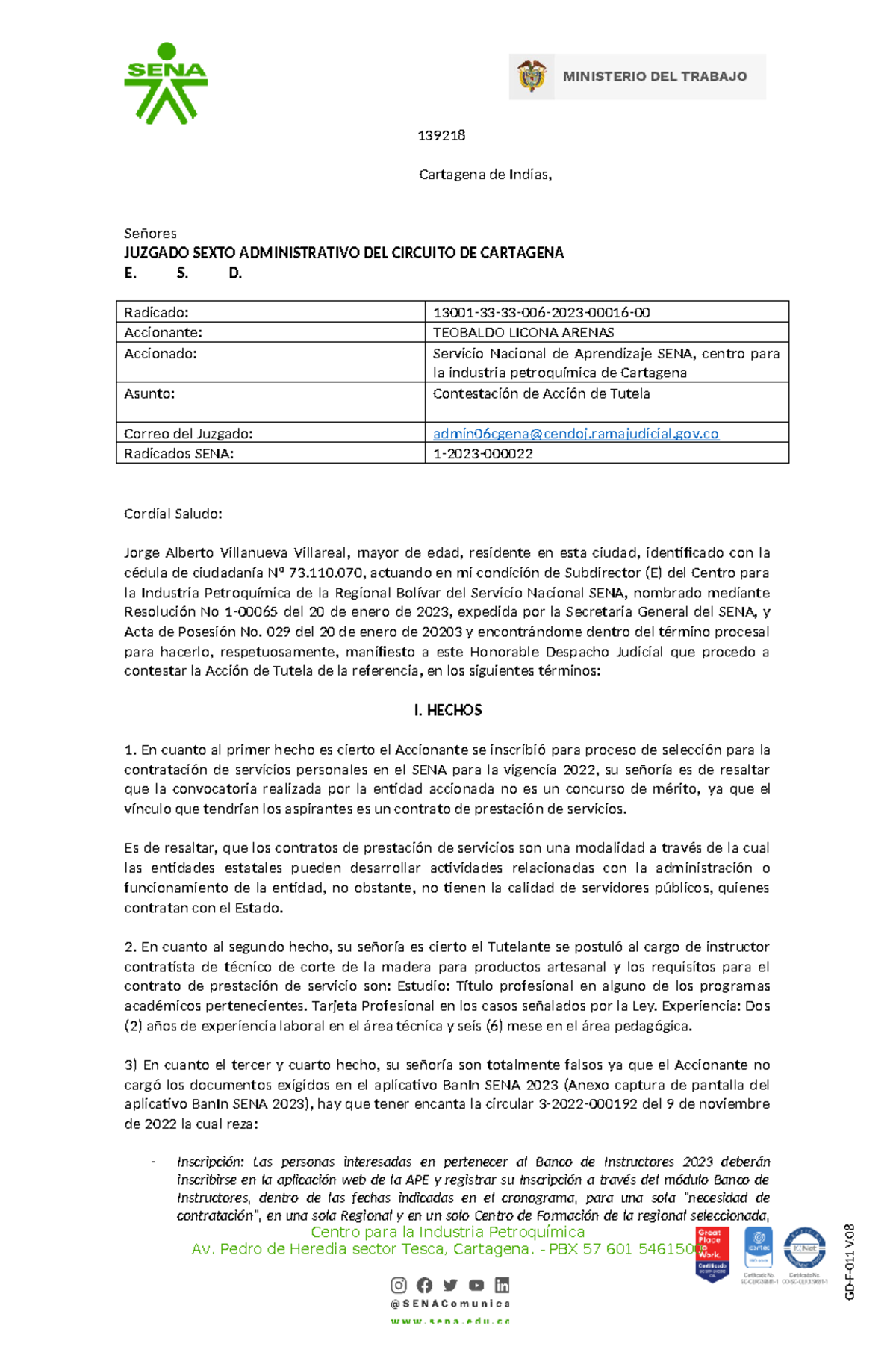 Contestación de tutela 1 - 139218 Cartagena de Indias, Señores JUZGADO ...