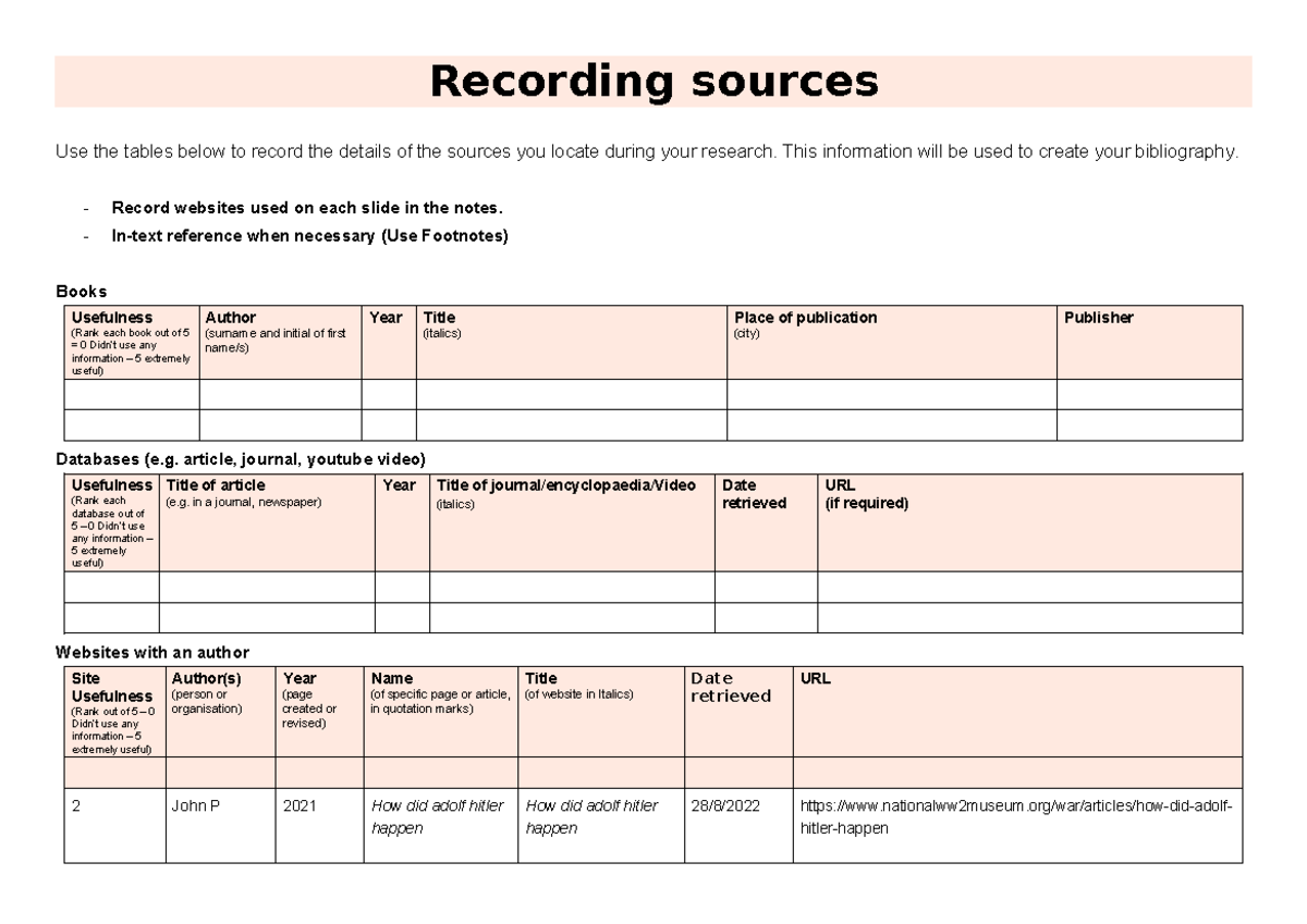 Recording sources-1 - school - Recording sources Use the tables below ...
