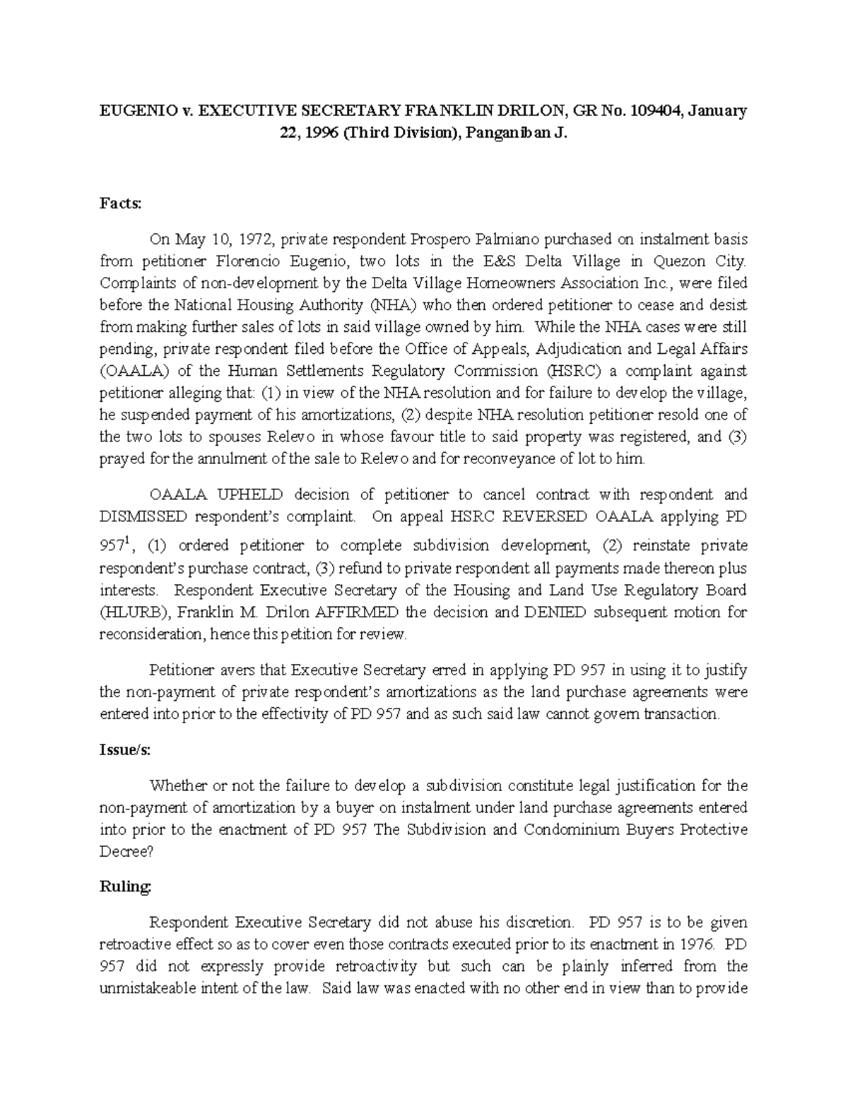 431254369 Case Brief: Eugenio v. Executive Secretary Drilon (1996 ...