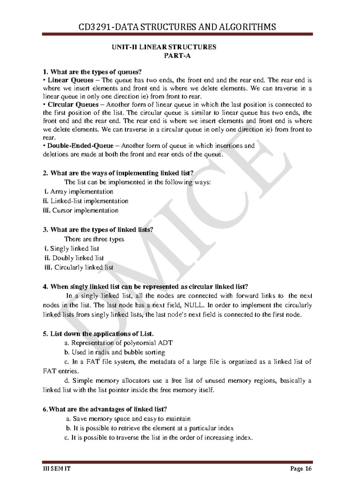 CD3281 DSA Question BANK 16 27 - UNIT-II LINEAR STRUCTURES PART-A 1 ...