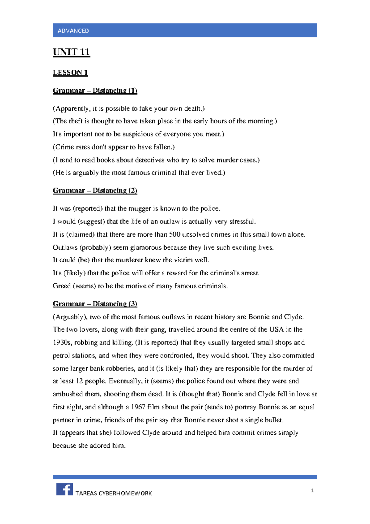 ADVANCED UNIT 11 LESSON 1 Grammar Distancing and Crime Vocabulary - Studocu