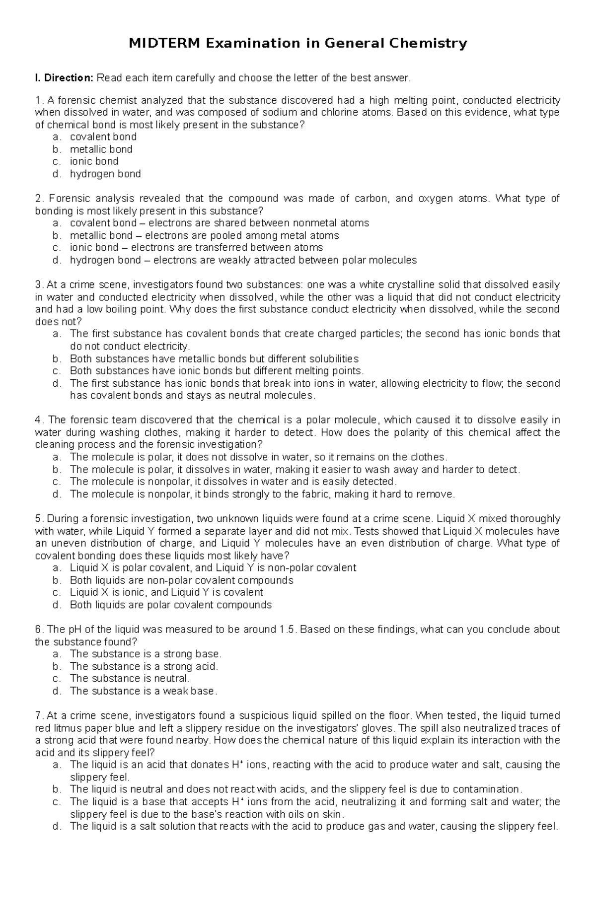 CRIM 101: Midterm Exam Study Guide for General Chemistry I - Studocu