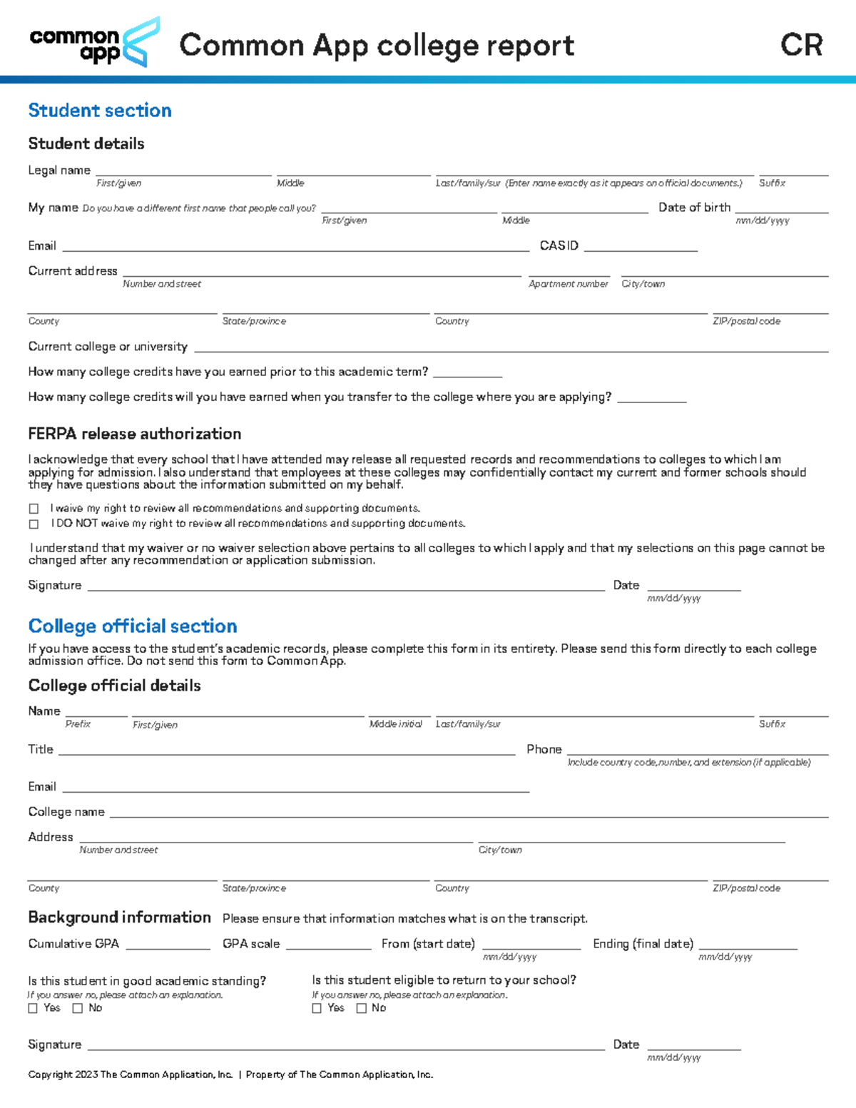 Common App Transfer College Report Form 2023 - Studocu