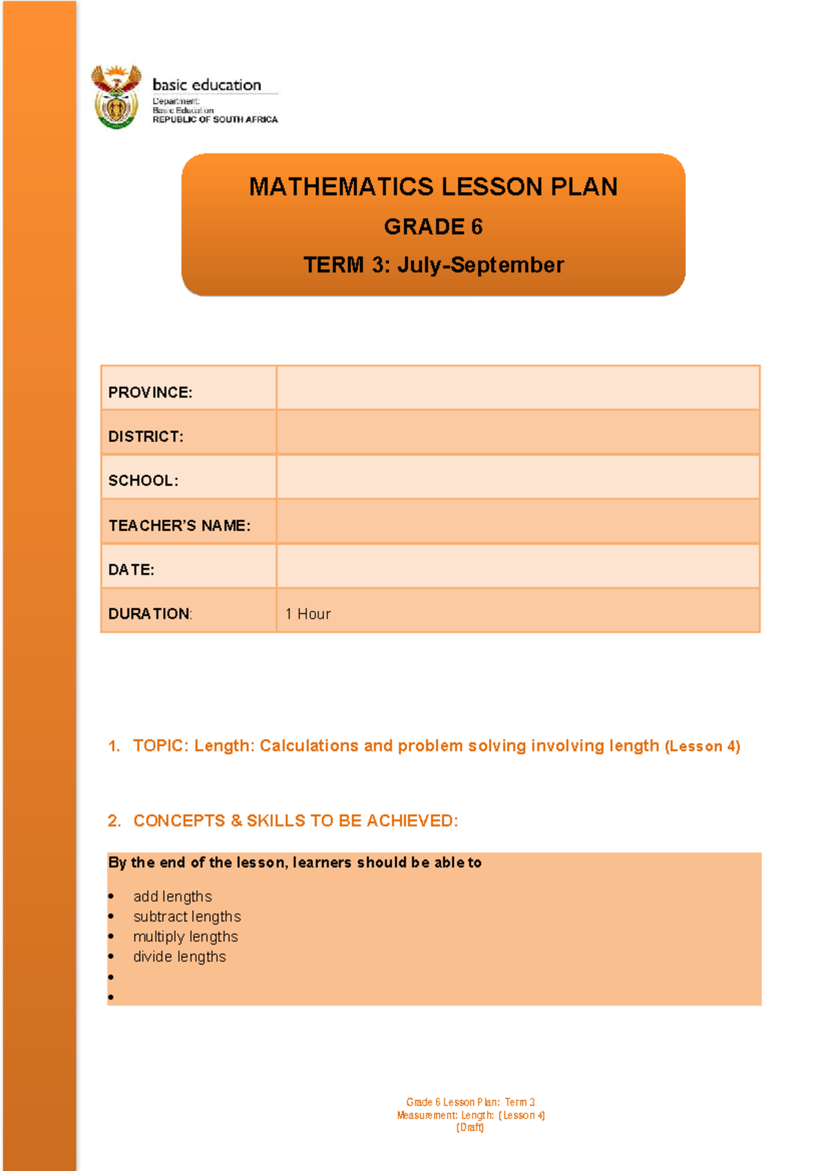 Grade 6 Mathematics Lesson Plan: Term 3 - Length (Lesson 4) - Studocu