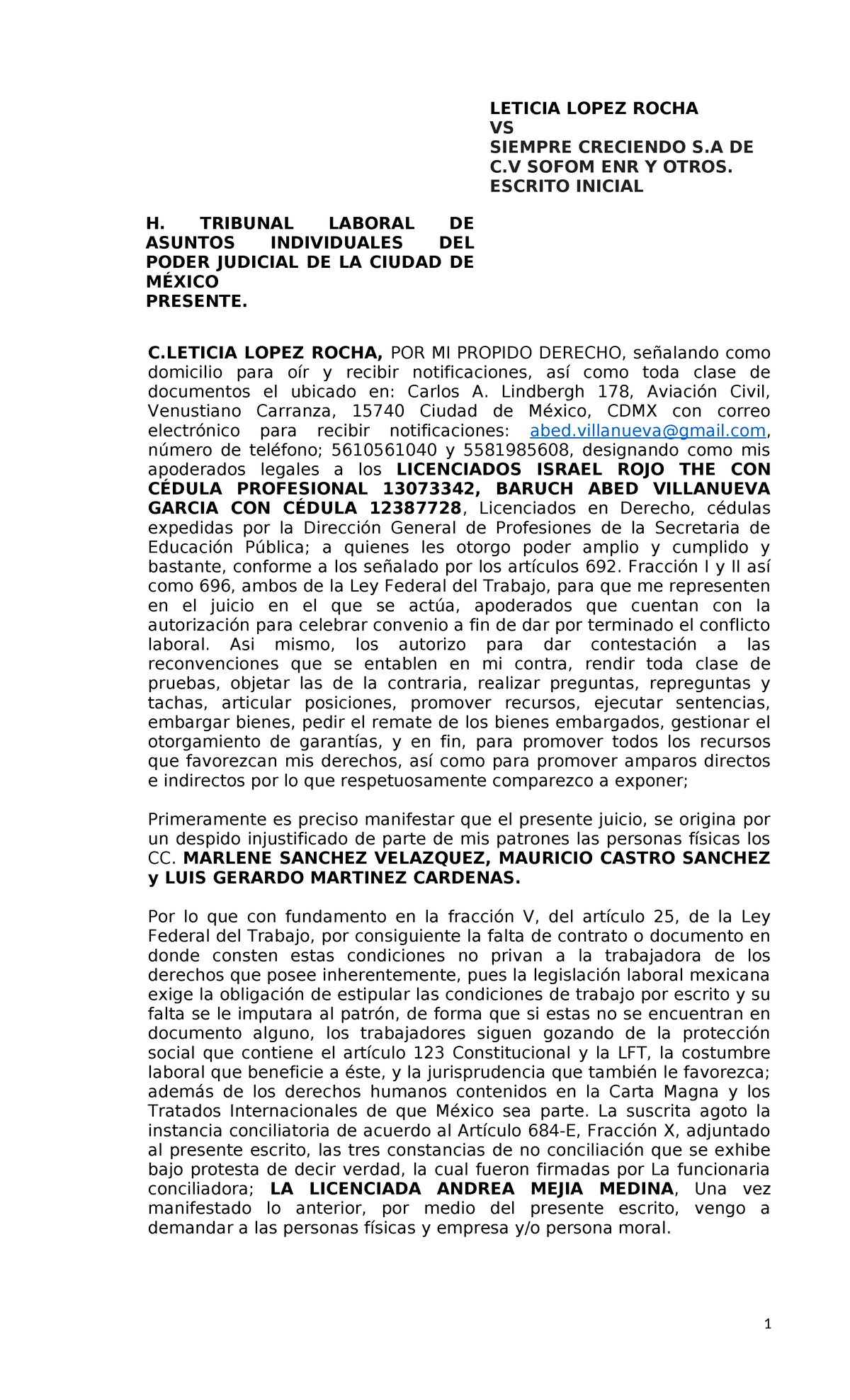 Modelo de Demanda Laboral - Leticia López Rocha vs Siempre Creciendo S.A. C.V. - Document Preview