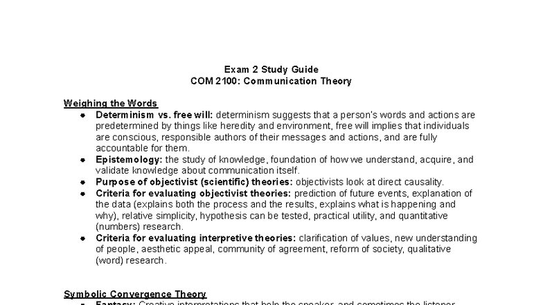 Exam 2 Study Guide for COM 2100: Key Theories in Communication - Studocu