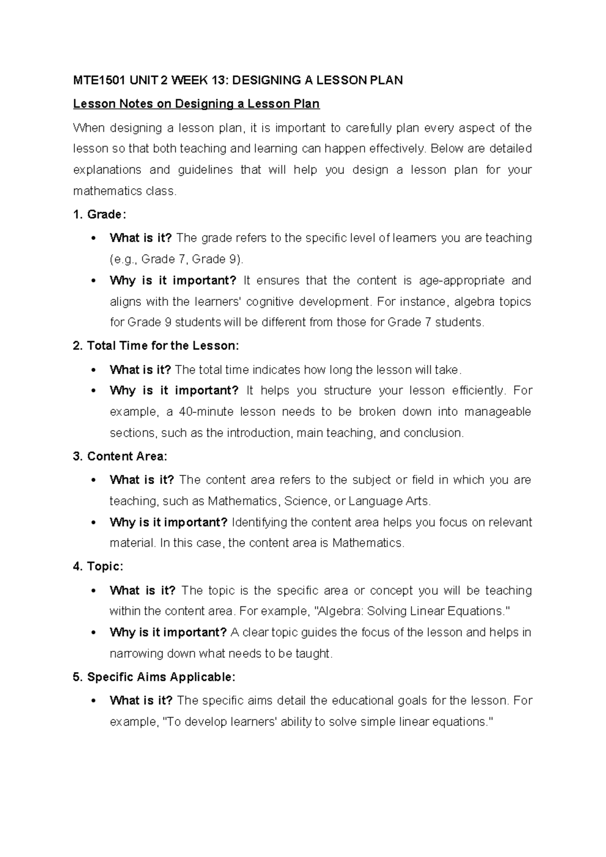 MTE1501 UNIT 2 WEEK 13: Comprehensive Guide to Designing a Lesson Plan ...