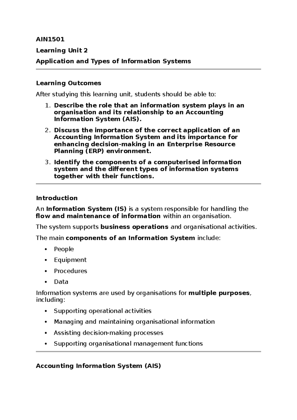 AIN1501 Learning Unit 2: Information Systems & AIS Overview - Studocu