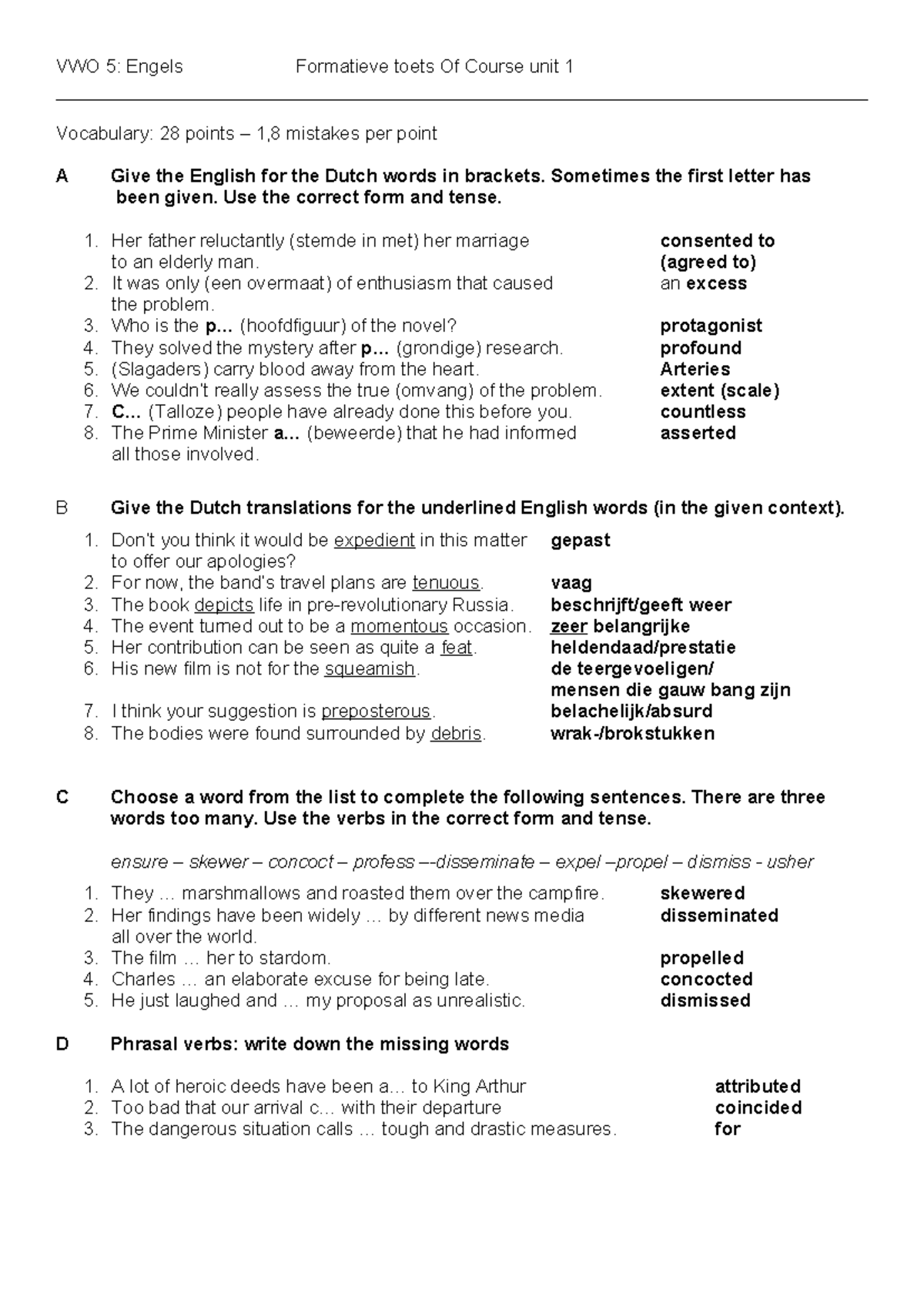 KEY V5 Formative Test Unit 1: Vocabulary, Grammar, & Phrasal Verbs 2024 ...