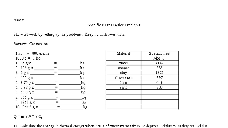 Specific Heat Practice Problems (Physics 101) - Studocu