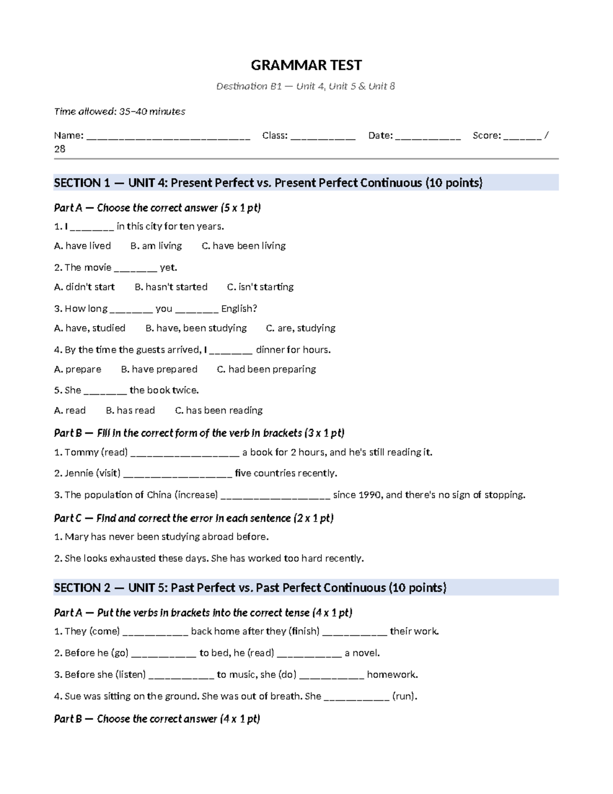 Grammar Test B1: Units 4, 5, and 8 Review - Studocu