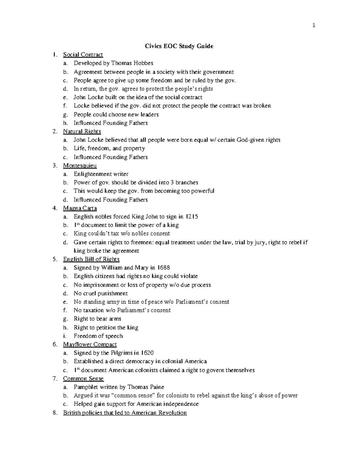 Civics EOC Study Guide: Key Concepts and Historical Influences - Studocu