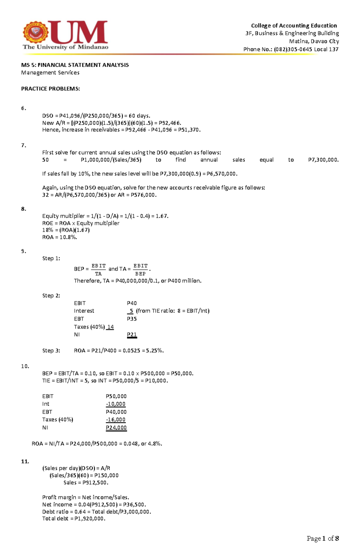 MS 5: FINANCIAL STATEMENT ANALYSIS Practice Problems Solutions - Studocu