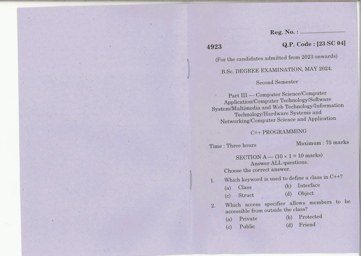 C++ Programming Exam QP Code: SC - B.Sc. 2nd Sem, May 2024 - Studocu