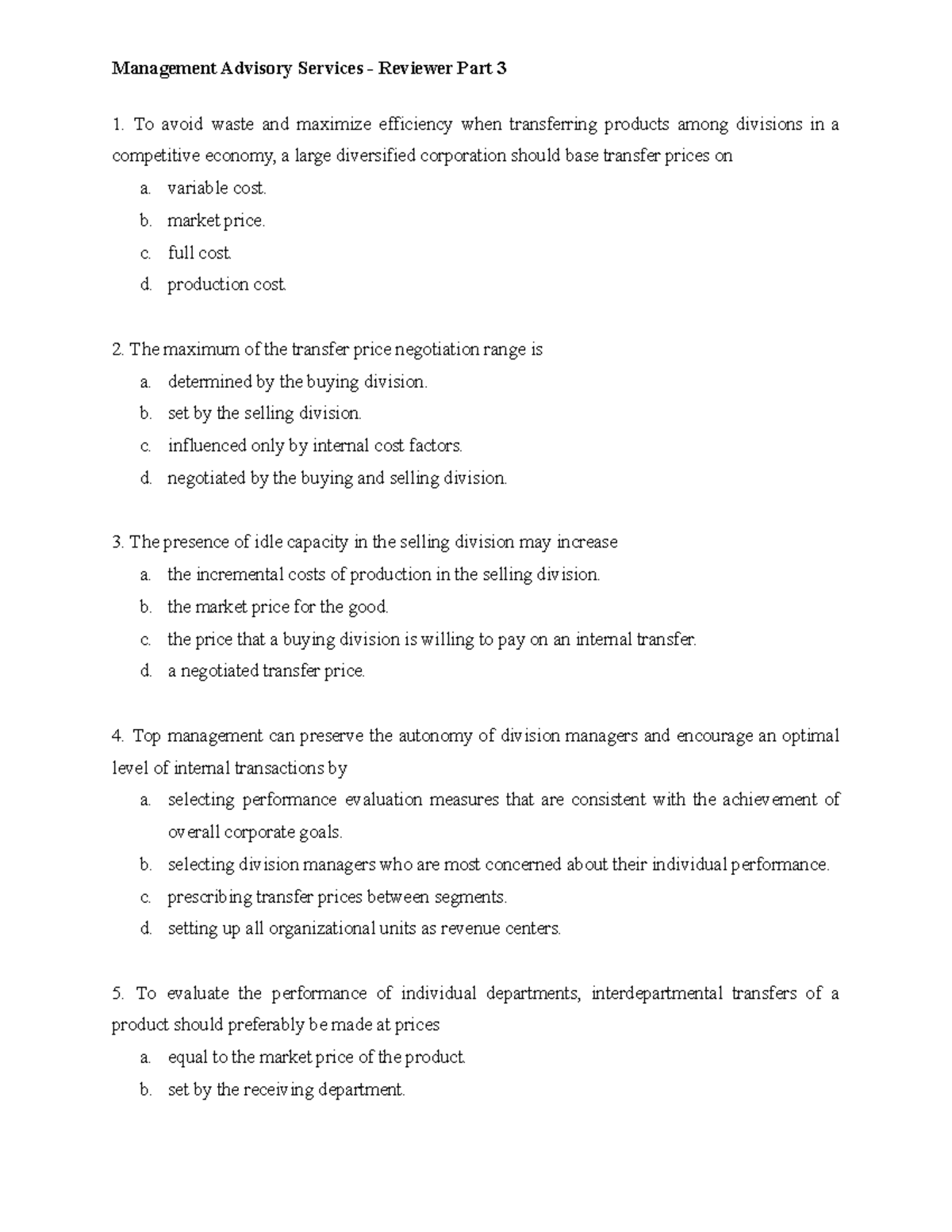 Management Advisory Services - Reviewer Part 3: Transfer Pricing ...