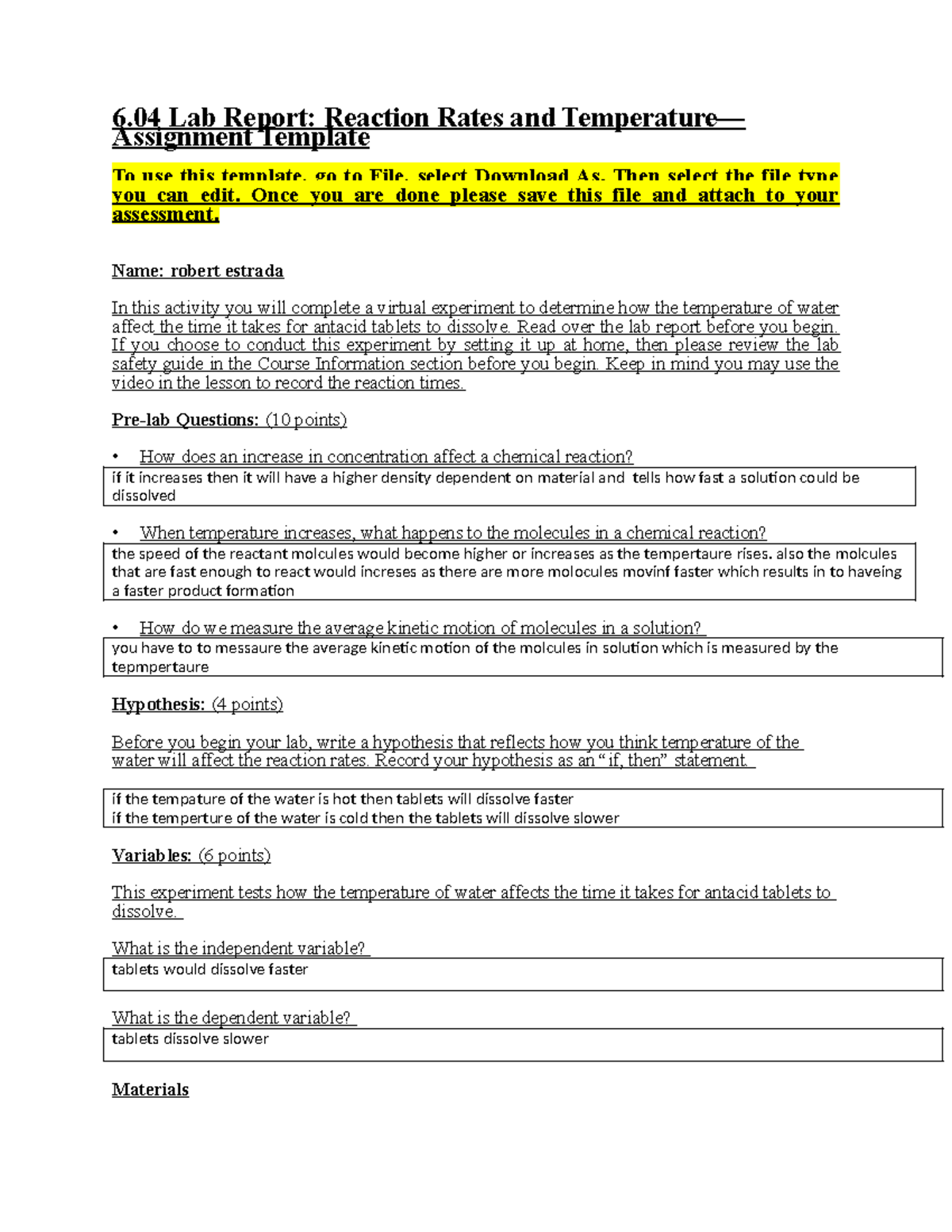 Lab Report: Reaction Rates & Temperature - FLVS 6.04 Assignment ...