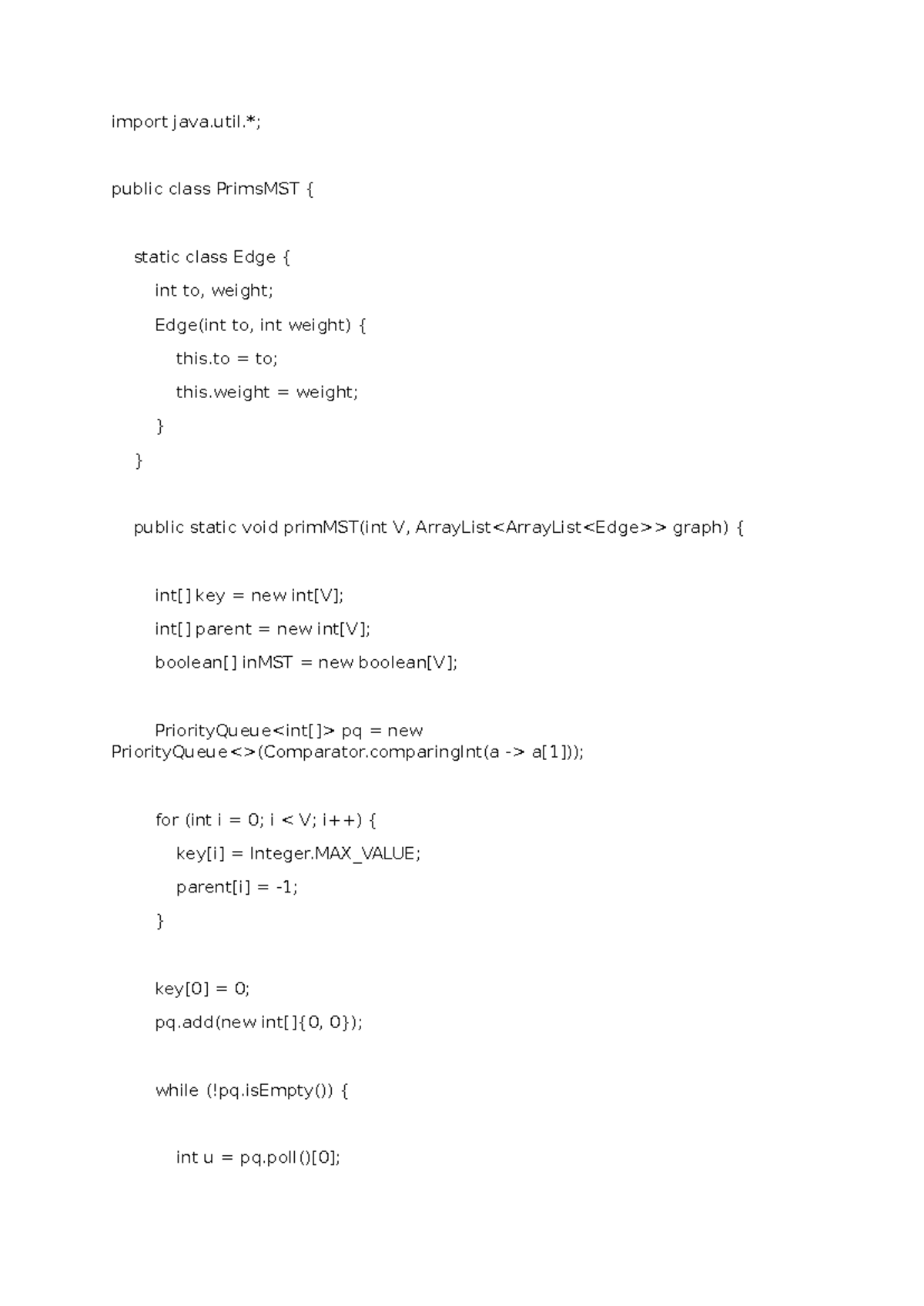 PrimsMST Algorithm Implementation in Java - Studocu