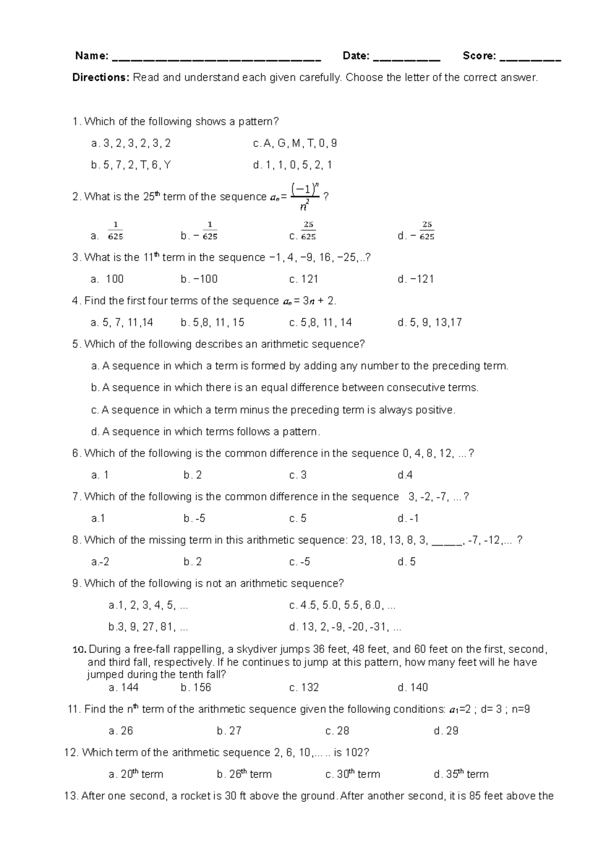 Grade 10 Math - Qtr Exam: Sequences & Patterns Quiz - Studocu